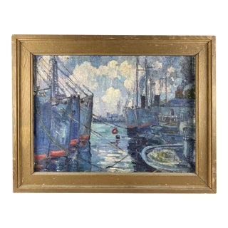 American School Industrial Harbor Scene, Oil on Canvas, C. 1920–1940, Framed For Sale