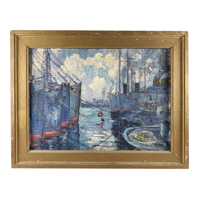 American School Industrial Harbor Scene, Oil on Canvas, C. 1920–1940, Framed For Sale