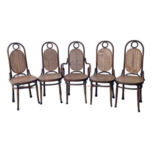 Thonet Atribute Benwood Long Johns' High Back Dining Chairs Set of 5 . For Sale