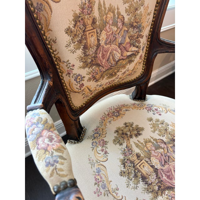 Wood Vintage French Louis XV Style Carved Walnut Fauteuil With Pastoral Tapestry Upholstery For Sale - Image 7 of 8