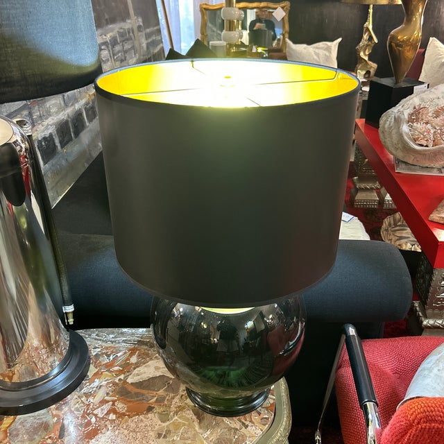 Ceramic Black Ceramic Round Table Lamp With Custom Black Shade For Sale - Image 7 of 7