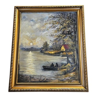 French-Style Lake Landscape Painting – Fishermen in a Boat With Ornate Gold Leaf Frame For Sale