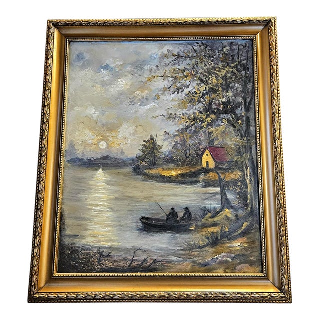 French-Style Lake Landscape Painting – Fishermen in a Boat With Ornate Gold Leaf Frame For Sale