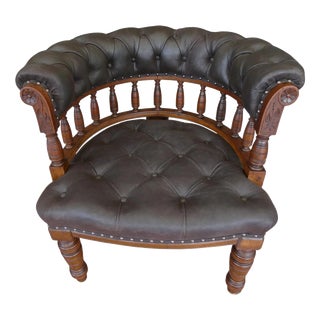 Large Antique English Oak and Brown Leather Office Chair, 1830 For Sale