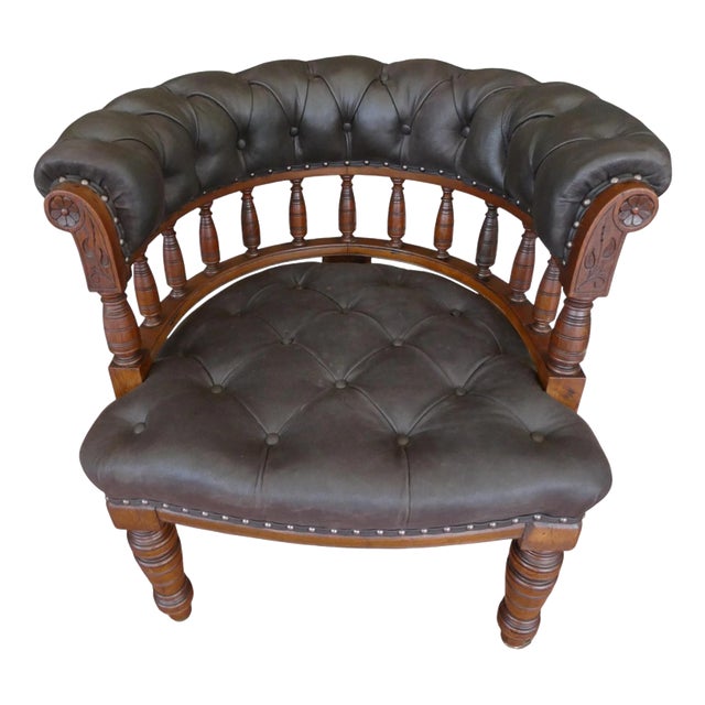 Large Antique English Oak and Brown Leather Office Chair, 1830 For Sale