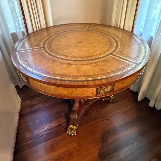 Maitland Smith Brass Mounted Mahogany and Leather Drum Table For Sale In Washington DC - Image 6 of 12