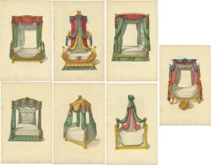 Sheraton, Beds with Drapery, 1805, Paper, Set of 7