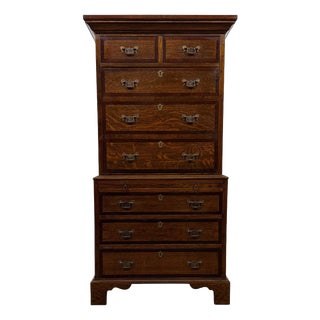Antique English Oak Chest-on-Chest Tallboy with Brass Handles For Sale