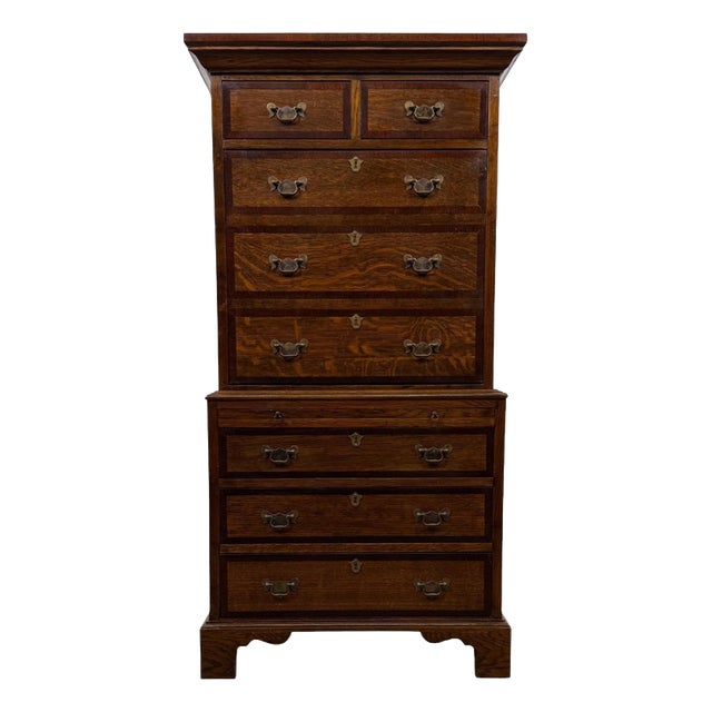 Antique English Oak Chest-on-Chest Tallboy with Brass Handles For Sale