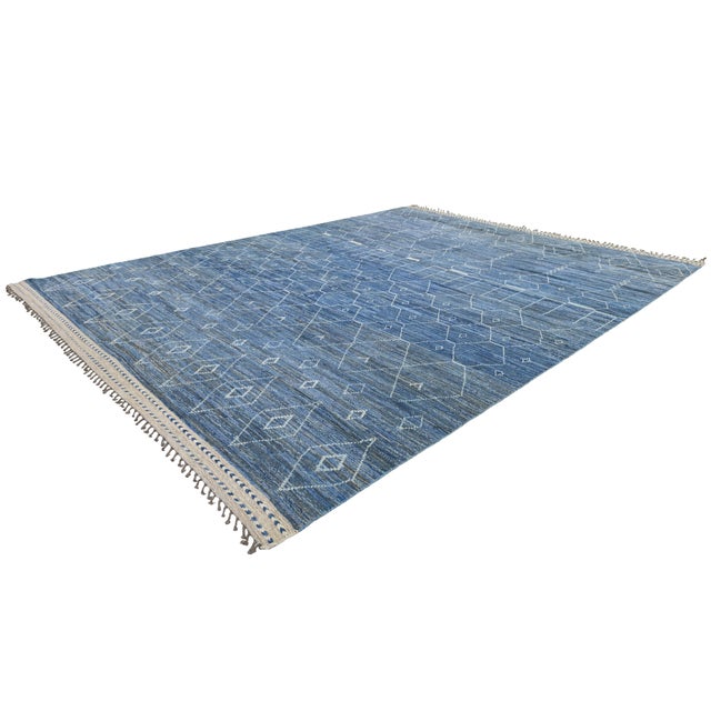 2020s Modern Moroccan Indigo Blue Geometric Handmade Wool Rug 12x16 For Sale - Image 5 of 10