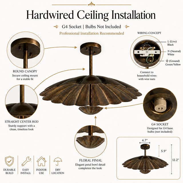 Vintage Brass Floral Ceiling Light, Handmade Lotus Petal Semi Flush Mount Fixture, Antique Brass Scalloped Ceiling Lamp for Bedroom Hallway For Sale - Image 10 of 15
