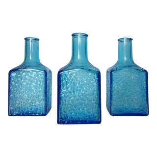 Vintage C.1960s Mid-Century Cerulean Blue Textured Bottles -Set of 3 For Sale