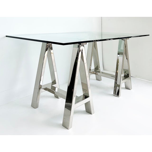 Williams Sonoma Home "Mason" Sawhorse Glass Top Table/Writing Desk Offered for sale is an elegant Williams Sonoma Home...