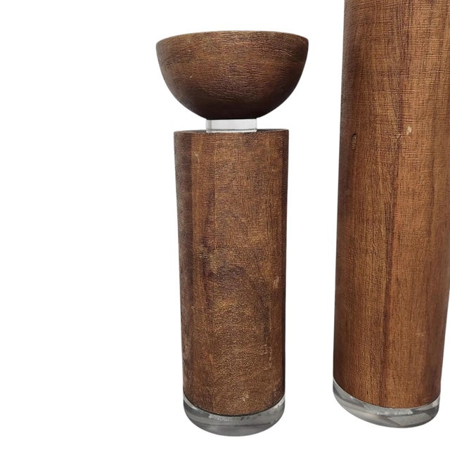 Global Views Global Views Modern Mango Wood & Acrylic Pillar Candle Holders – Contemporary Minimalist Decor-Set of 2 For Sale - Image 4 of 7