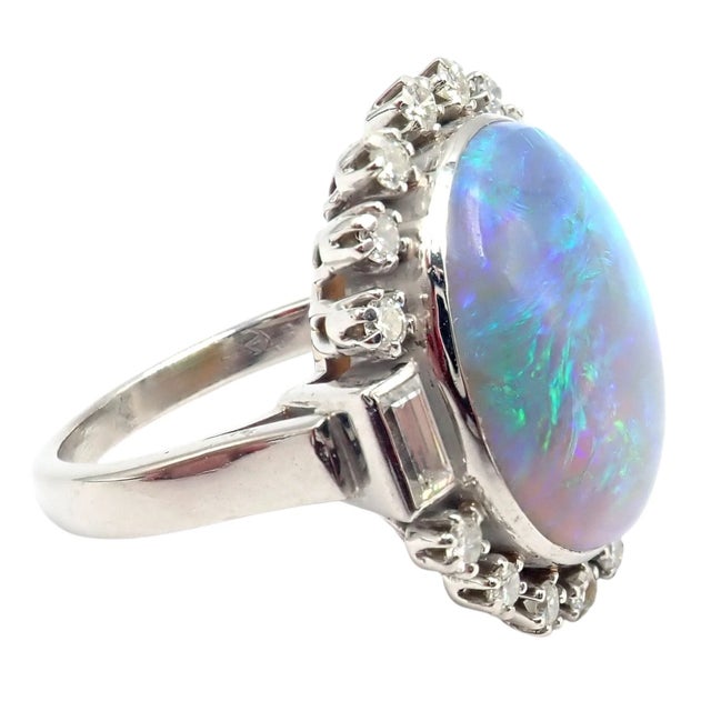 Antique Vintage Estate Palladium Diamond Opal Ring, Size 6.5 For Sale - Image 10 of 11