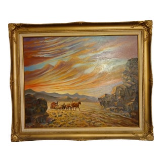 Moving Sale 1960s Western Landscape Oil Painting of Stagecoach Entering Canyon Pass For Sale
