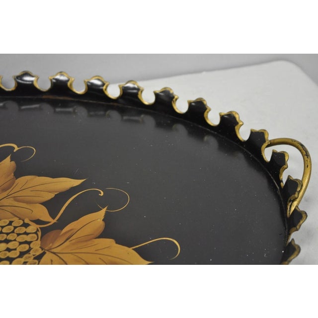 Vintage French Country Black and Gold Hand Painted Oval Toleware Serving Tray For Sale - Image 9 of 15