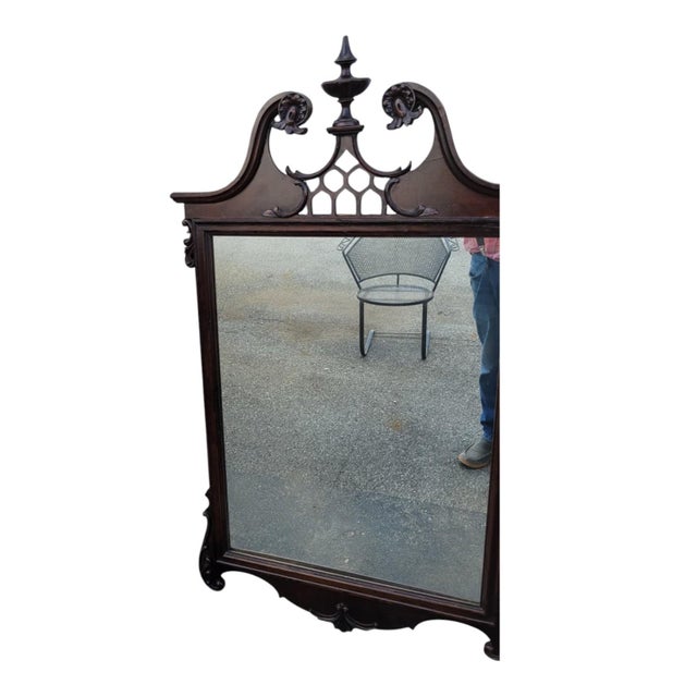 Antique 1920s Chippendale Carved Mahogany Wall Mirror Pediment Crest Mirror For Sale - Image 14 of 16