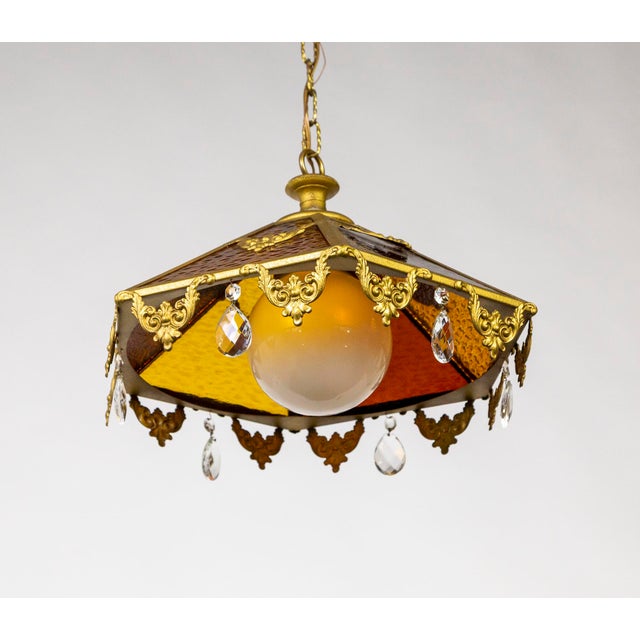 Metal Mid 20th Century Paneled Amber Glass Pendant Light With Crystal Accents For Sale - Image 7 of 13