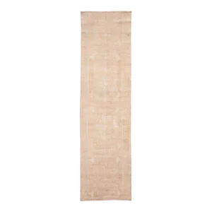 Vintage Turkish Handmade Beige Medallion Wool Runner