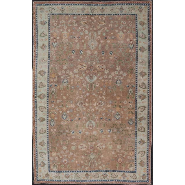 Mid 20th Century Colorful Turkish Oushak Rug in Salmon Background With All-Over Floral Design For Sale - Image 13 of 13