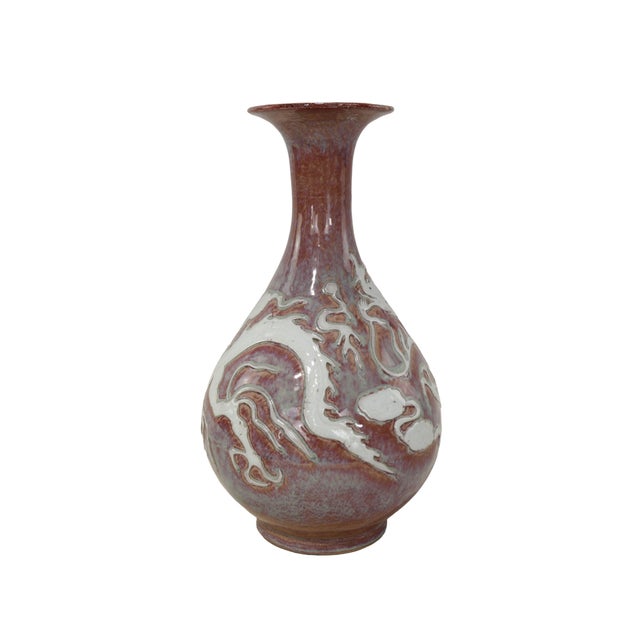 A Pair of Extremely Rare Jingdezhen Yuan or Early Ming Dynasty Underglaze Red Vases With White Relief Dragon Designs. For Sale In New York - Image 6 of 11