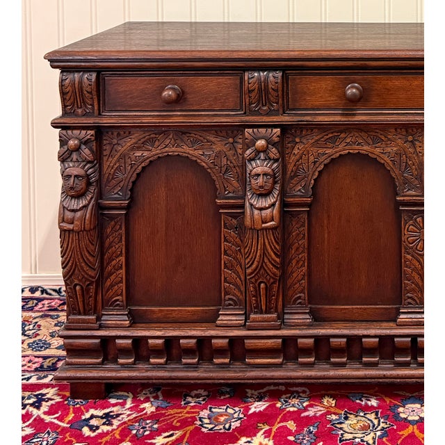 Antique English Renaissance Style Sideboard Server Entry Buffet Oak c.1930-40s For Sale - Image 9 of 18