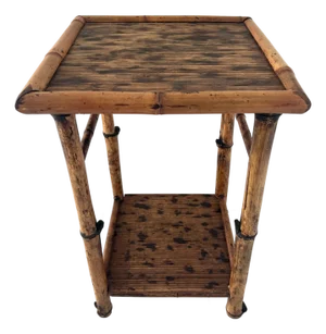 Vintage Thick Bamboo Rattan Side Table With Bottom Shelf