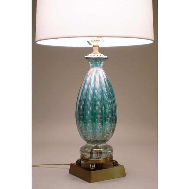 Rare Large Turquoise "Costolato" Barovier Toso Murano Italy Thick Bubble Blown Art Glass Brass Table Lamp 1960s For Sale - Image 9 of 14