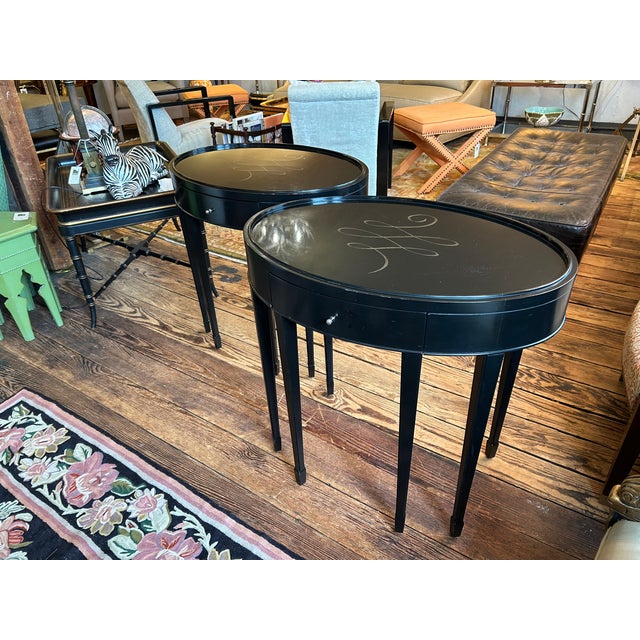 Wood Barbara Barry for Baker Black Laquer Oval End Tables- A Pair For Sale - Image 7 of 11