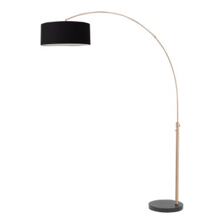 92" Adjustable 1959 Morelli Float Brass Lamp - Mid Century Modern Arc Lamp, Black Linen Shade, Dimmable, Black Marble Base For Sale