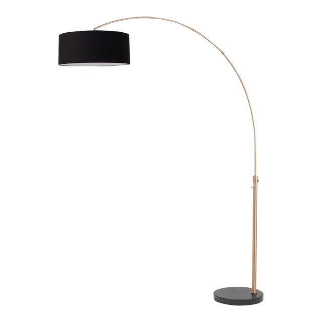 92" Adjustable 1959 Morelli Float Brass Lamp - Mid Century Modern Arc Lamp, Black Linen Shade, Dimmable, Black Marble Base For Sale