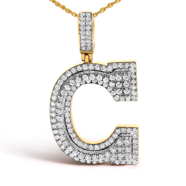 Contemporary Men's 10K Yellow Gold 1 3/4 Cttw Diamond Letter C Initial Pendant Necklace For Sale - Image 3 of 4