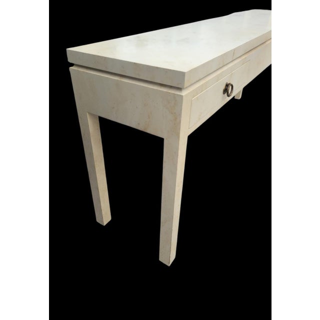 Vintage Extra Long Post Modern Parson Leg Parchment Faux Goat Skin Off White 2 Drawer Console Table by Trouvailles For Sale - Image 11 of 17