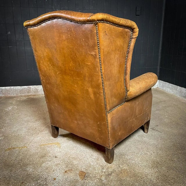 Tan Vintage Wingback Armchair from Schaapsleeren For Sale - Image 8 of 12