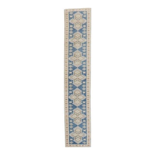 Vintage Denim Blue Geometric Turkish Runner - 2'4" x 11'10" For Sale
