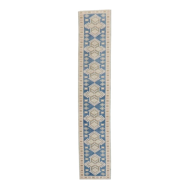 Vintage Denim Blue Geometric Turkish Runner - 2'4" x 11'10" For Sale