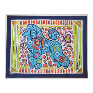 Dog Poodle Peter Max Style Green Blue Orange Navy Folk Art Pop Art Americana Original Painting by Cleo Plowden For Sale