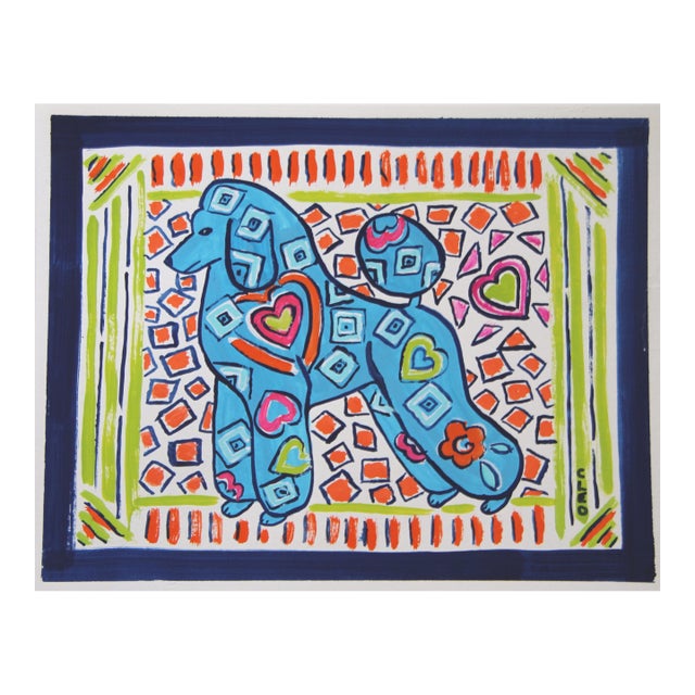 Dog Poodle Peter Max Style Green Blue Orange Navy Folk Art Pop Art Americana Original Painting by Cleo Plowden For Sale