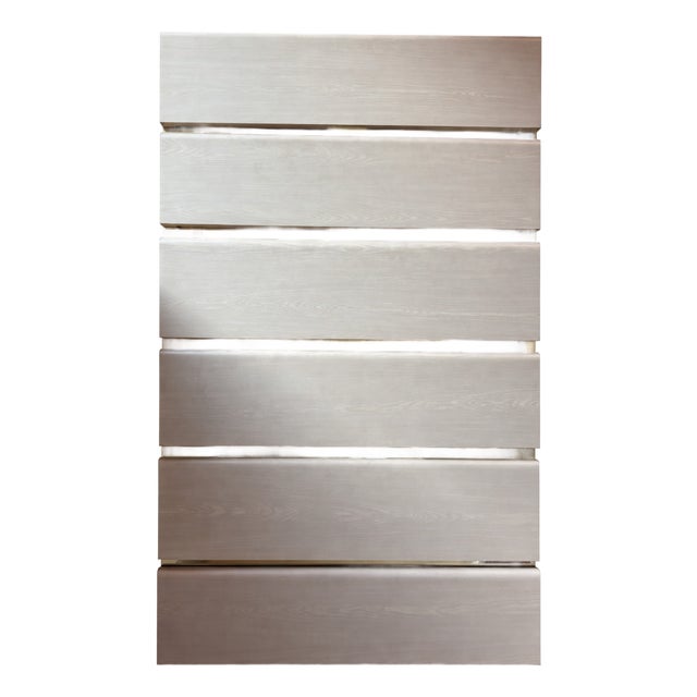 Rare Architectural Postmodern Tall 5 Drawer Chest With Brass Inlay Mirrored Accents, C. 1980s, Mahey Inspired For Sale