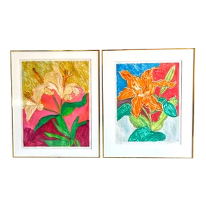 1980s Pair of Contemporary Original Signed "Lily Ii" and "Yellow Lily I" Floral Monotypes by Sally Brody, Framed