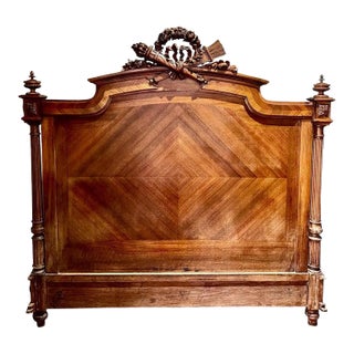 French Louis XVI Walnut Full-Size Headboard With Carvings, 19th Century For Sale