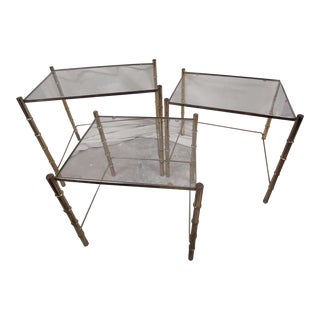Geometrical 1970 Etched Turtle Faux Bamboo Nesting Tables S/3 For Sale