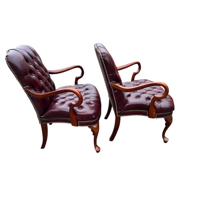 Queen Anne Late 20th Century Pair Red Chesterfield Tufted Leather Gooseneck Library Armchairs For Sale - Image 3 of 15