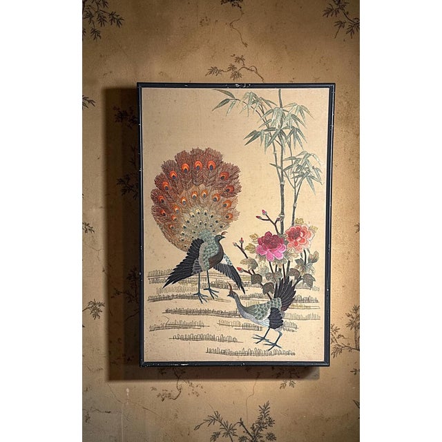 Antique Chinese Silk Embroidery Panel With Peacocks, Peonies, and Bamboo For Sale - Image 17 of 18