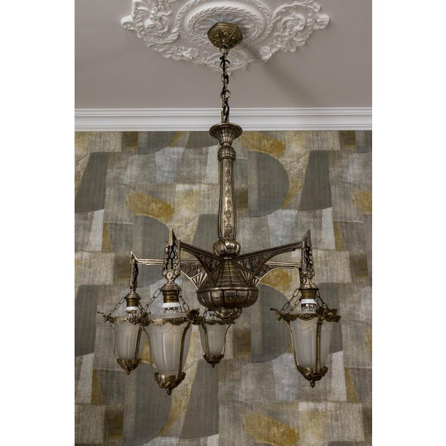 Metal Art Deco Bronze and Frosted White Glass Five-Light Chandelier, France, 1925 For Sale - Image 7 of 18