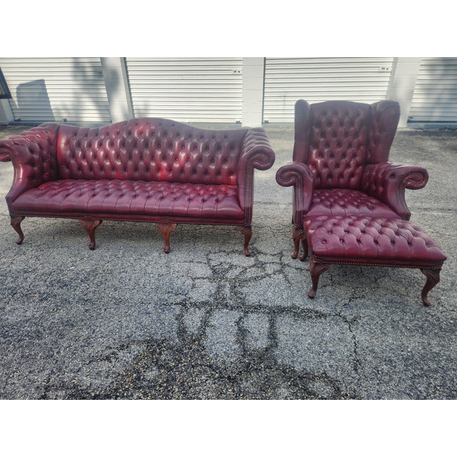 Vintage Carolina Leather House Oxblood Tufted Chesterfield Sofa, Wingback Chair & Ottoman - 3 Piece Set For Sale - Image 14 of 18