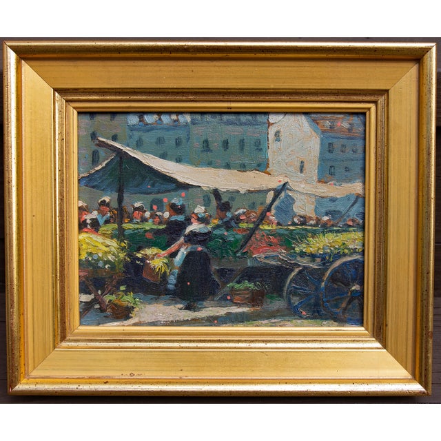 Parisian market scene by Alling Clements (American 1891-1957). Oil on wood panel. Inscribed on the reverse "Market Blvd...