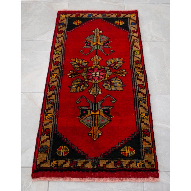 Textile Hand Knotted Small Turkish Rug. Organic Wool 1960's Entryway Decor DoorMat, Accent Rug - 22'' X 44'' For Sale - Image 7 of 12