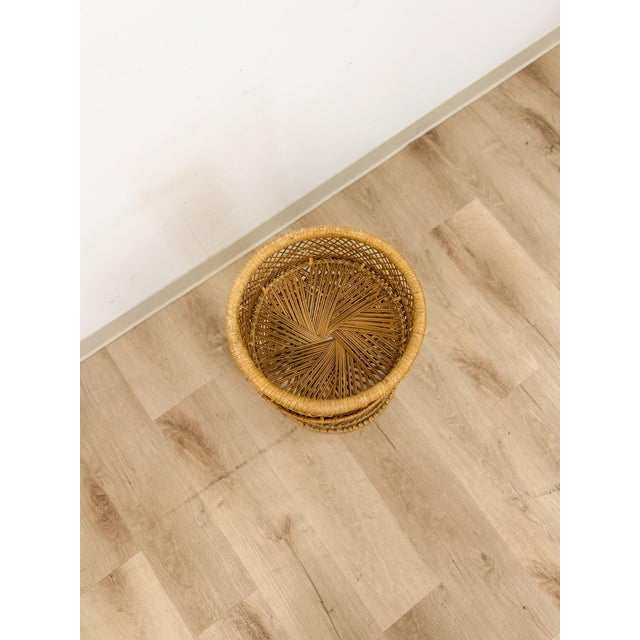 Vintage Round Wicker Plant Stand Woven Boho Coastal Decor Accent Rattan Pedestal For Sale - Image 4 of 9